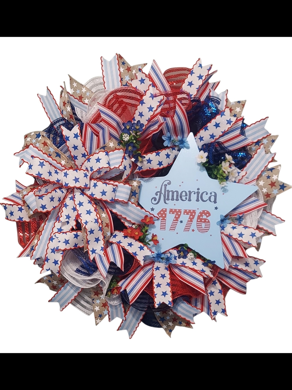 Hand Crafted Red, White & Blue Patriotic Wreath with 'America 1776' Star